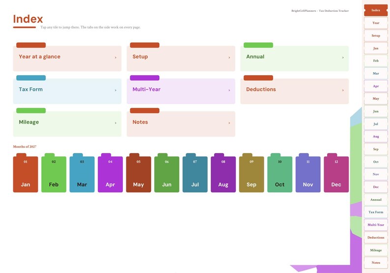 May include: A digital planner index page titled Index with sections for Year at a glance, Setup, Annual, Tax Form, Multi-Year, Deductions, Mileage, and Notes. A row of twelve colored monthly tabs labeled Jan through Dec is displayed below.