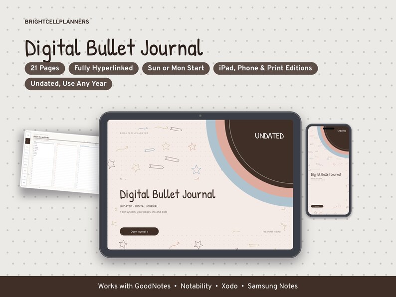 May include: A digital bullet journal displayed on a tablet and smartphone screen, featuring a light beige background with star and line graphics, brown, blue, and pink curved accents, and the text Digital Bullet Journal and Undated.