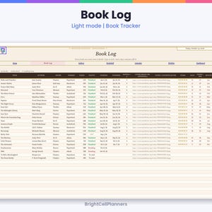 May include: A digital book log tracker in light mode featuring a structured table with columns for title, author, genre, format, page count, status, dates, and star ratings. The interface includes navigation tabs and the text Book Log.