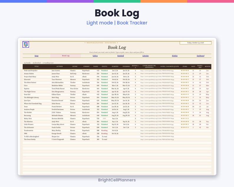 May include: A digital book log tracker in light mode featuring a structured table with columns for title, author, genre, format, page count, status, dates, and star ratings. The interface includes navigation tabs and the text Book Log.