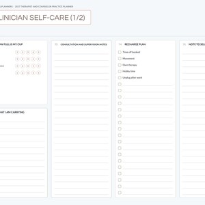 May include: A digital planner page titled Clinician Self-Care (1/2) with sections for How Full Is My Cup, Consultation and Supervision Notes, Recharge Plan, and Note to Self. The layout includes a sidebar with monthly tabs and navigation.