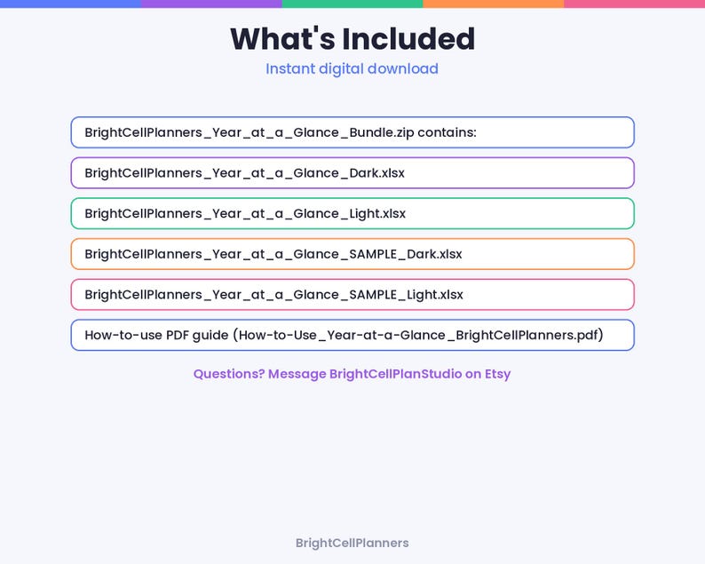 K&ouml;nnte beinhalten: Eine digitale Download-Infografik mit dem Titel What's Included. Sie listet den Inhalt der Datei BrightCellPlanners_Year_at_a_Glance_Bundle.zip auf, einschlie&szlig;lich vier Tabellenkalkulationsdateien und einer PDF-Anleitung, mit Kontaktinformationen am unteren Rand.