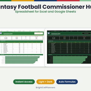 May include: A digital Fantasy Football Commissioner Hub spreadsheet for Excel and Google Sheets. The interface displays a Commissioner Desk dashboard with light and dark mode options, featuring team standings, financial data, and bar charts.