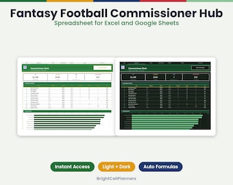 Puede incluir: Una hoja de cálculo digital Fantasy Football Commissioner Hub para Excel y Google Sheets. La interfaz muestra un panel de control Commissioner Desk con modos claro y oscuro, incluyendo clasificaciones de equipos, datos financieros y gráficos.