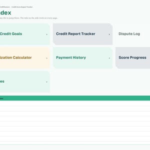 May include: A digital credit score repair tracker index page featuring a sidebar with navigation tabs and a main area with labelled buttons for My Credit Goals, Credit Report Tracker, Dispute Log, Utilization Calculator, Payment History, Score Progress, Notes, and a Quick Notes section.