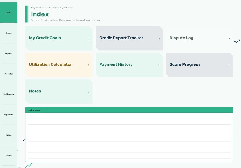 May include: A digital credit score repair tracker index page featuring a sidebar with navigation tabs and a main area with labelled buttons for My Credit Goals, Credit Report Tracker, Dispute Log, Utilization Calculator, Payment History, Score Progress, Notes, and a Quick Notes section.