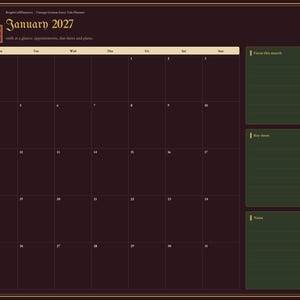 K&ouml;nnte beinhalten: Eine digitale Planerseite f&uuml;r Januar 2027 mit dunkelburgunderfarbenem Hintergrund und goldenen Akzenten. Das Layout umfasst ein monatliches Kalenderraster, eine seitliche Navigationsleiste mit beschrifteten Reitern und drei gr&uuml;ne Notizfelder.