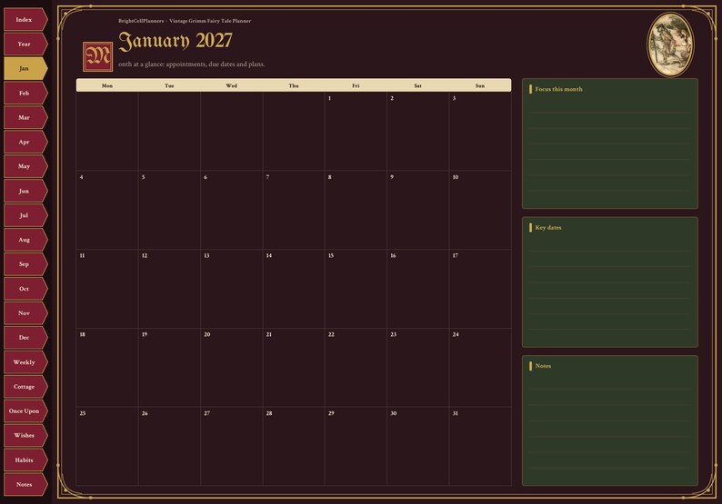 K&ouml;nnte beinhalten: Eine digitale Planerseite f&uuml;r Januar 2027 mit dunkelburgunderfarbenem Hintergrund und goldenen Akzenten. Das Layout umfasst ein monatliches Kalenderraster, eine seitliche Navigationsleiste mit beschrifteten Reitern und drei gr&uuml;ne Notizfelder.