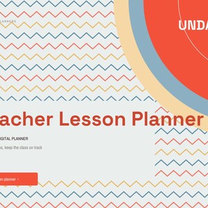 May include: A digital teacher lesson planner with a light gray background featuring a repeating red, yellow, and blue chevron pattern. The text reads Teacher Lesson Planner, Undated, Digital Planner, Plan the lessons, keep the class on track.