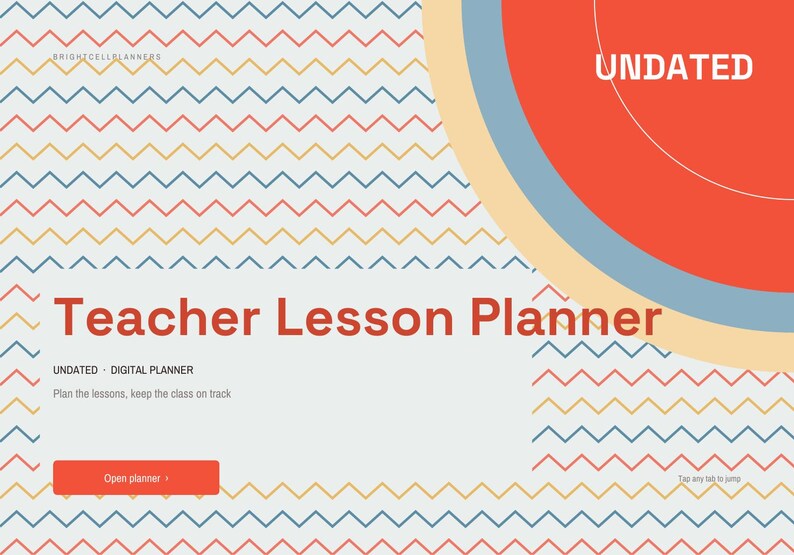 May include: A digital teacher lesson planner with a light gray background featuring a repeating red, yellow, and blue chevron pattern. The text reads Teacher Lesson Planner, Undated, Digital Planner, Plan the lessons, keep the class on track.