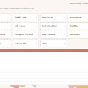 Może przedstawiać: Cyfrowa strona indeksu dziennika ciążowego z jasnor&oacute;żowym tłem. Zawiera siatkę klikalnych kafelk&oacute;w z etykietami Setup, Week by Week, Bump Journal, Appointments, Symptom Log, Kick Counter, Contraction Timer, Birth Plan, Hospital Bag Checklist, Nursery and Baby Prep, Baby Name Ideas, Baby Budget, Monthly Calendar, Letters to Baby oraz Notes. Na dole znajduje się sekcja Quick Notes z liniami.