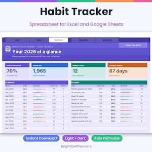 May include: A digital habit tracker spreadsheet for Excel and Google Sheets titled Habit Tracker. The dashboard displays 2026 statistics including year completion, check-ins, perfect days, longest streak, and monthly progress charts.