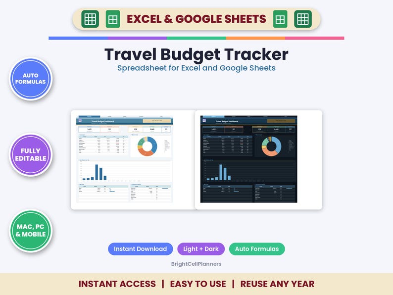 May include: A digital travel budget tracker spreadsheet for Excel and Google Sheets. The interface displays two dashboard versions, one light and one dark, featuring auto formulas, pie charts, and bar graphs for financial planning and expense tracking.