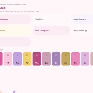 May include: A digital planner index page with a light pink background featuring a sidebar with tabs for months and categories. The main area displays navigation buttons for 2027 at a glance, client cards, supply inventory, design ideas, social posting plan, service income log, notes, and twelve monthly buttons.