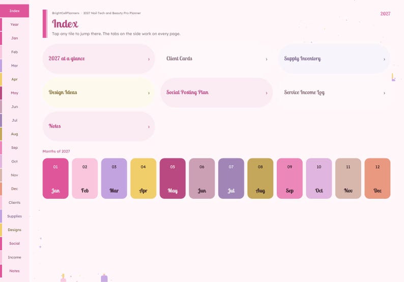 May include: A digital planner index page with a light pink background featuring a sidebar with tabs for months and categories. The main area displays navigation buttons for 2027 at a glance, client cards, supply inventory, design ideas, social posting plan, service income log, notes, and twelve monthly buttons.
