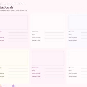 May include: A digital planner page titled Client Cards for 2027, featuring six rectangular sections for client information. Each section includes fields for client name, phone, shape and length, and allergies or notes. The sidebar lists months and categories.