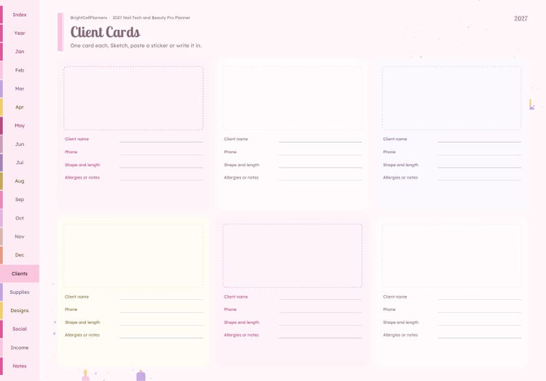 May include: A digital planner page titled Client Cards for 2027, featuring six rectangular sections for client information. Each section includes fields for client name, phone, shape and length, and allergies or notes. The sidebar lists months and categories.