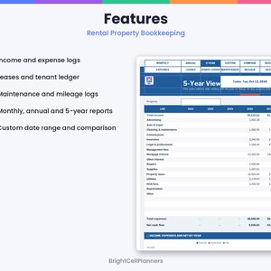 Op de afbeelding: Een digitaal boekhoudspreadsheet voor huurwoningen met een 5-jaars overzichts-dashboard. De interface bevat tabbladen voor maandelijkse, jaarlijkse en aangepaste rapporten, evenals logboeken voor inkomsten en uitgaven door BrightCellPlanners.