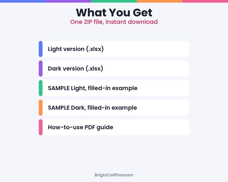May include: A digital product listing graphic titled What You Get, One ZIP file, instant download. It lists five items: Light version (.xlsx), Dark version (.xlsx), SAMPLE Light, filled-in example, SAMPLE Dark, filled-in example, and How-to-use PDF guide.