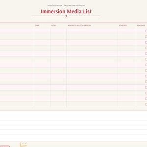 K&ouml;nnte beinhalten: Eine digitale Planerseite mit dem Titel Immersion Media List mit Spalten f&uuml;r Title, Type, Level, Where to Watch or Read, Started und Finished. Das Layout enth&auml;lt einen Notizbereich unten und eine Seitenleiste mit Reitern.