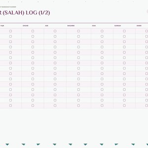 May include: A digital planner page titled Prayer (Salah) Log (1/2) with a table for 15 days. Columns include Fajr, Dhuhr, Asr, Maghrib, Isha, Sunnah, and Dhikr with checkboxes. A side navigation bar lists Index, Intentions, Fasting, Quran, Salah, Meals, Dua, Eid, and Notes.