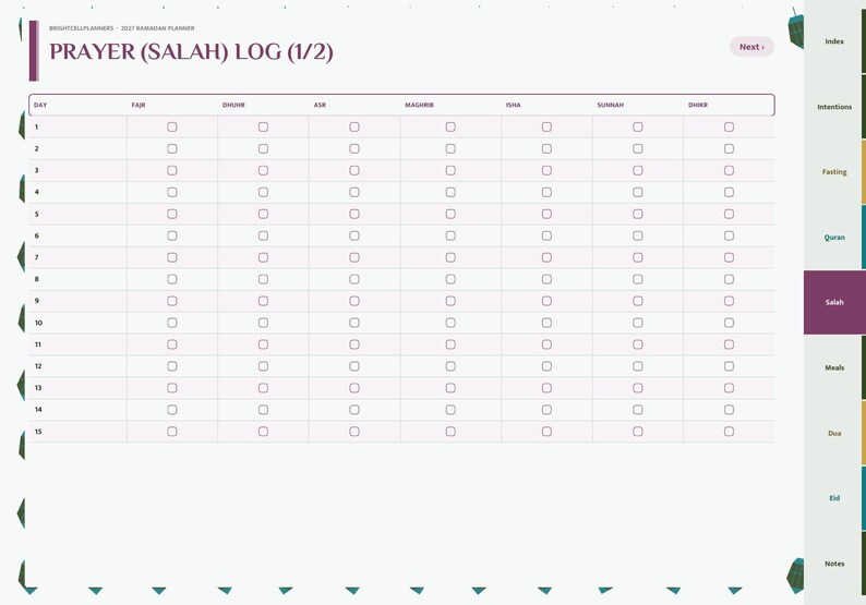 May include: A digital planner page titled Prayer (Salah) Log (1/2) with a table for 15 days. Columns include Fajr, Dhuhr, Asr, Maghrib, Isha, Sunnah, and Dhikr with checkboxes. A side navigation bar lists Index, Intentions, Fasting, Quran, Salah, Meals, Dua, Eid, and Notes.