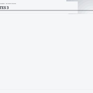 Peut inclure: Une page de planificateur num&eacute;rique intitul&eacute;e NOTES 3 avec un menu de navigation lat&eacute;ral contenant des onglets pour Index, Year, Setup, Dashboard, les mois de Jan &agrave; Dec, Assets, Debits, Snapshots et Notes. Interface blanche.