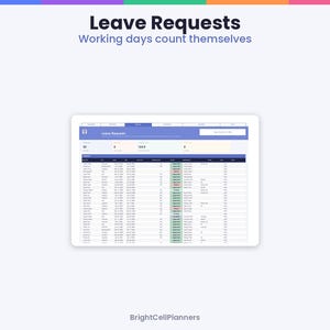 Op de afbeelding: Een digitaal dashboard-interface getiteld Leave Requests met de ondertitel Working days count themselves. Het scherm toont een tabel met verlofgegevens van werknemers met kolommen voor namen, datums en statusindicatoren.