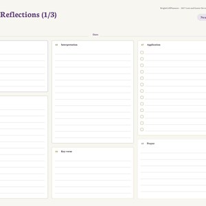 Puede incluir: Una p&aacute;gina de planificador digital titulada Scripture Reflections (1/3) con secciones para Passage, Date, Interpretation, Application, Observation, Key verse y Prayer. El dise&ntilde;o incluye &aacute;reas de escritura con l&iacute;neas y un men&uacute; lateral de pesta&ntilde;as.