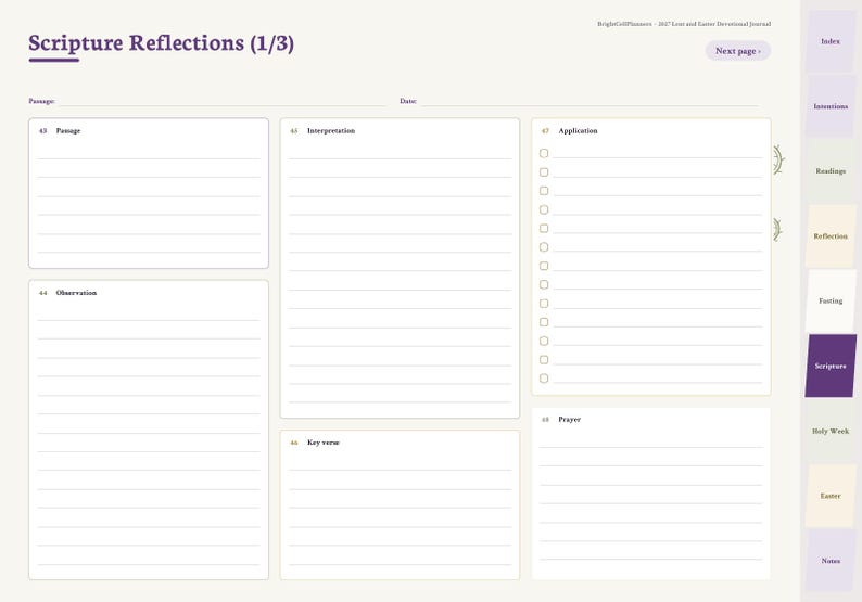 Puede incluir: Una p&aacute;gina de planificador digital titulada Scripture Reflections (1/3) con secciones para Passage, Date, Interpretation, Application, Observation, Key verse y Prayer. El dise&ntilde;o incluye &aacute;reas de escritura con l&iacute;neas y un men&uacute; lateral de pesta&ntilde;as.