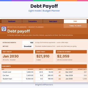 Puede incluir: Una interfaz de planificador de presupuesto digital titulada Debt Payoff. La pantalla muestra campos para pagos mensuales adicionales, m&eacute;todos de pago de deuda y cuadros de resumen para fechas libres de deuda y totales.