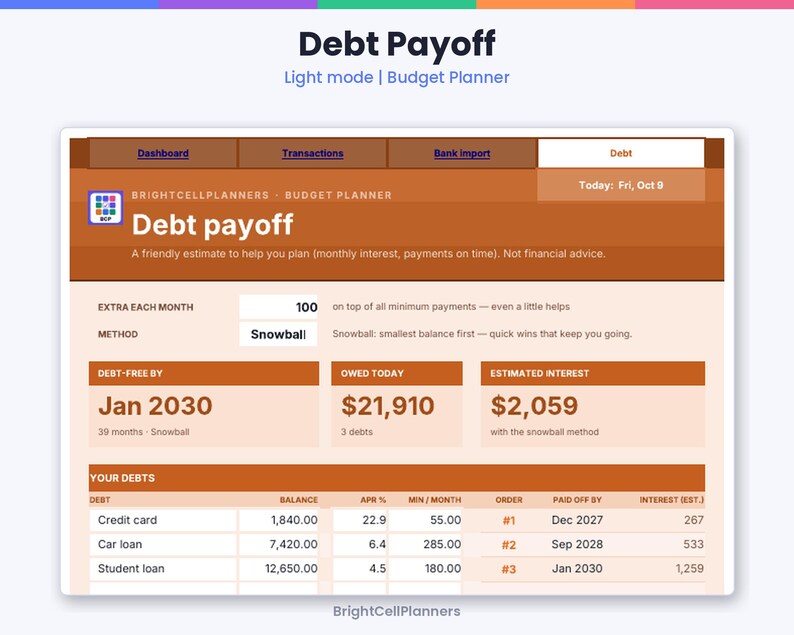 Puede incluir: Una interfaz de planificador de presupuesto digital titulada Debt Payoff. La pantalla muestra campos para pagos mensuales adicionales, m&eacute;todos de pago de deuda y cuadros de resumen para fechas libres de deuda y totales.