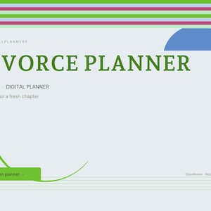 May include: A digital planner interface titled DIVORCE PLANNER in green text. The page includes the text BRIGHTCELLPLANNERS, UNDATED DIGITAL PLANNER, Clear lists for a fresh chapter, and a green button labeled Open planner with a curved line.