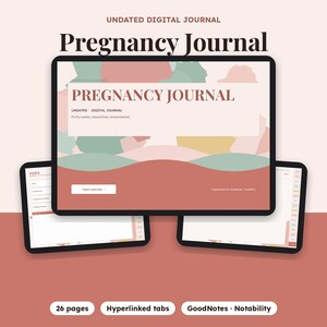 Może przedstawiać: Cyfrowy dziennik ciążowy wyświetlony na ekranie tabletu z kolorowym, abstrakcyjnym tłem. Tekst zawiera napisy Pregnancy Journal, Undated Digital Journal, Forty weeks, beautifully remembered oraz Open planner. Dwa dodatkowe ekrany tablet&oacute;w pokazują strony wewnętrzne z zakładkami.