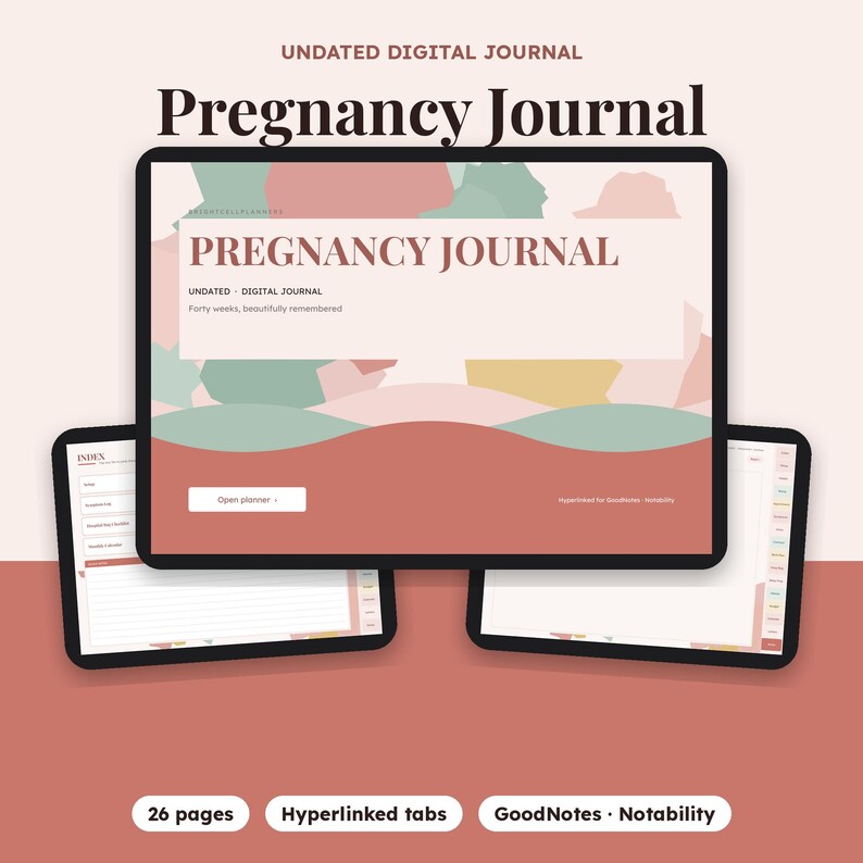 Może przedstawiać: Cyfrowy dziennik ciążowy wyświetlony na ekranie tabletu z kolorowym, abstrakcyjnym tłem. Tekst zawiera napisy Pregnancy Journal, Undated Digital Journal, Forty weeks, beautifully remembered oraz Open planner. Dwa dodatkowe ekrany tablet&oacute;w pokazują strony wewnętrzne z zakładkami.