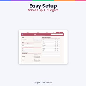May include: A digital budget planner interface displayed on a screen, featuring the text Easy Setup, Names, split, budgets, and BrightCellPlanners. The layout includes sections for settings, spending categories, and monthly budget tracking.