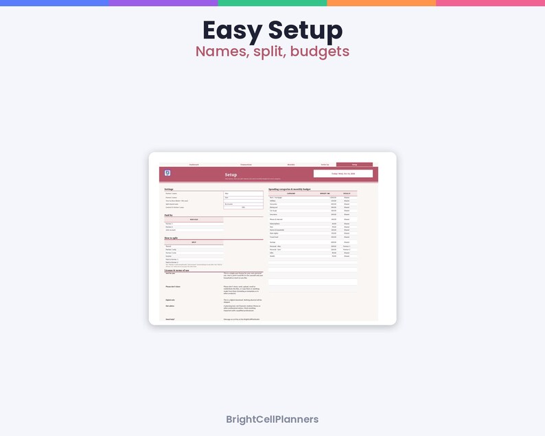 May include: A digital budget planner interface displayed on a screen, featuring the text Easy Setup, Names, split, budgets, and BrightCellPlanners. The layout includes sections for settings, spending categories, and monthly budget tracking.