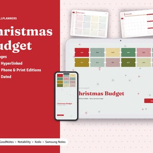 Peut inclure: Un planificateur de budget de No&euml;l num&eacute;rique pour 2027 affich&eacute; sur une tablette et un smartphone. L'interface pr&eacute;sente des onglets mensuels cod&eacute;s par couleur rouge, vert et beige, des graphiques de flocons et le texte Christmas Budget.
