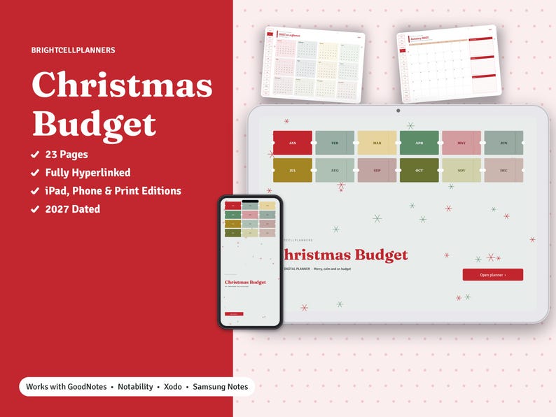 Peut inclure: Un planificateur de budget de No&euml;l num&eacute;rique pour 2027 affich&eacute; sur une tablette et un smartphone. L'interface pr&eacute;sente des onglets mensuels cod&eacute;s par couleur rouge, vert et beige, des graphiques de flocons et le texte Christmas Budget.