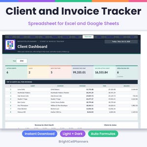 Może przedstawiać: Cyfrowy arkusz kalkulacyjny do śledzenia klient&oacute;w i faktur dla program&oacute;w Excel i Google Sheets. Interfejs zawiera pulpit nawigacyjny klienta z danymi o aktywnych klientach, leadach i przychodach oraz tabelę najlepszych klient&oacute;w z kolumnami faktur i sald.