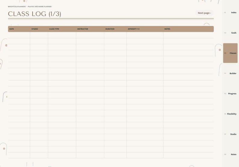 May include: A digital planner page titled Class Log (1/3) for Pilates and Barre. The layout features a table with columns for date, studio, class type, instructor, duration, intensity 1-5, and notes. A sidebar lists index, goals, classes, builder, progress, flexibility, studio, and notes.
