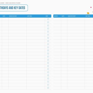 May include: A 2027 planner page titled Birthdays and Key Dates with two identical tables featuring columns for month, date, name or event, gift idea, and a sent checkbox. The layout includes a left sidebar with navigation tabs.