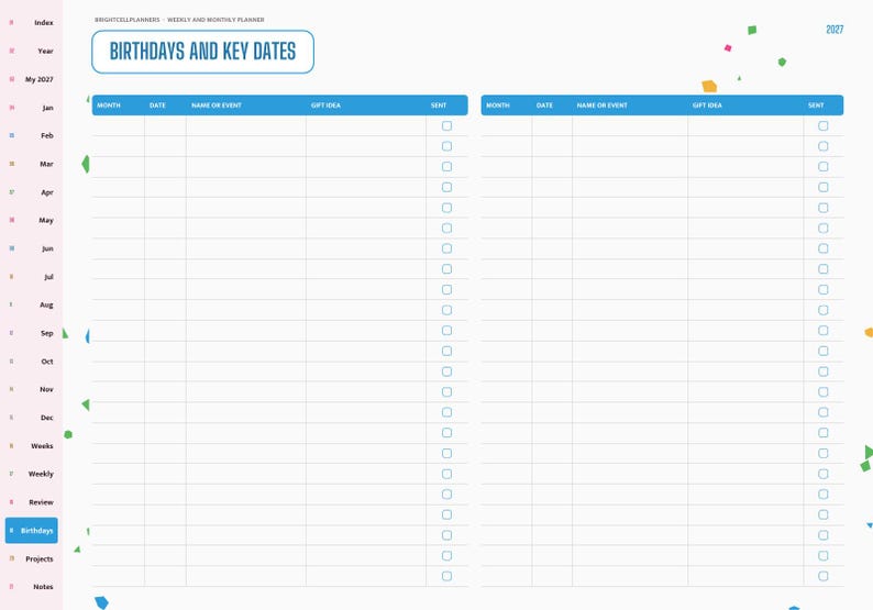 May include: A 2027 planner page titled Birthdays and Key Dates with two identical tables featuring columns for month, date, name or event, gift idea, and a sent checkbox. The layout includes a left sidebar with navigation tabs.