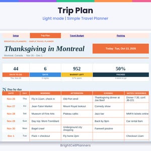 May include: A digital travel planner interface titled Trip Plan: Thanksgiving in Montreal. The layout includes sections for setup, budget, and packing, with a day-by-day itinerary table from Nov 26 to Dec 1, displaying morning, afternoon, and evening activities.