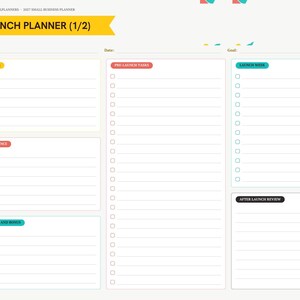 May include: A digital launch planner page titled LAUNCH PLANNER (1/2) with a sidebar of monthly tabs. The layout includes sections for Offer, Pre-Launch Tasks, Launch Week, Audience, Price and Bonus, and After Launch Review with lined spaces.