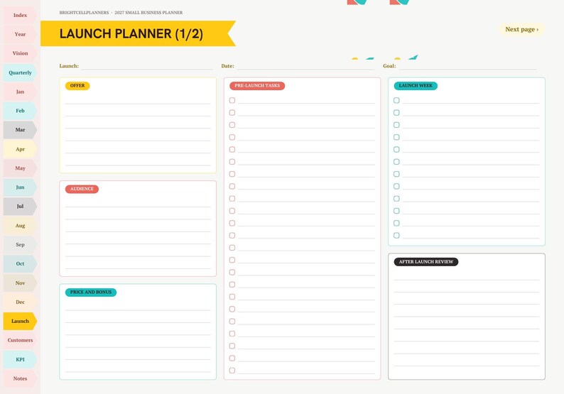 May include: A digital launch planner page titled LAUNCH PLANNER (1/2) with a sidebar of monthly tabs. The layout includes sections for Offer, Pre-Launch Tasks, Launch Week, Audience, Price and Bonus, and After Launch Review with lined spaces.