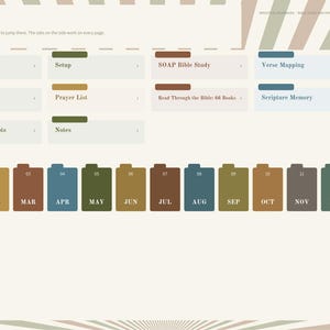 Może przedstawiać: Strona indeksu cyfrowego planera z beżowym tłem i ukośnymi paskami. Zawiera kafelki nawigacyjne dla Year at a glance, Setup, SOAP Bible Study, Verse Mapping, Sermon Notes, Prayer List, Read Through the Bible oraz zakładki miesięczne.