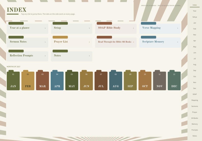 Może przedstawiać: Strona indeksu cyfrowego planera z beżowym tłem i ukośnymi paskami. Zawiera kafelki nawigacyjne dla Year at a glance, Setup, SOAP Bible Study, Verse Mapping, Sermon Notes, Prayer List, Read Through the Bible oraz zakładki miesięczne.