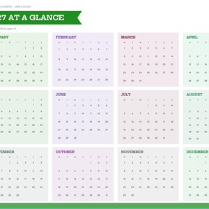 Puede incluir: Una p&aacute;gina de calendario digital 2027 titulada 2027 AT A GLANCE con una pancarta verde. Presenta doce cuadr&iacute;culas mensuales en verde claro, morado y rosa, con una barra lateral que contiene enlaces de navegaci&oacute;n para index, year, setup y budget.