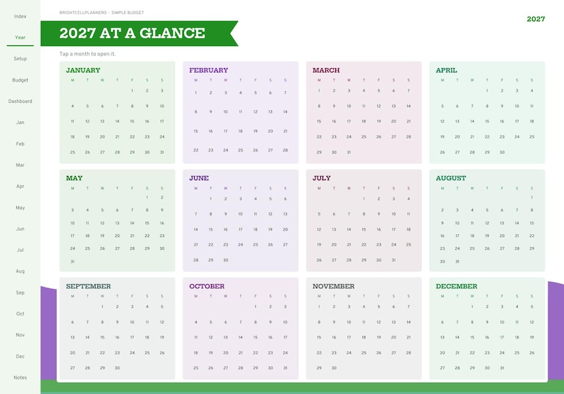 Puede incluir: Una p&aacute;gina de calendario digital 2027 titulada 2027 AT A GLANCE con una pancarta verde. Presenta doce cuadr&iacute;culas mensuales en verde claro, morado y rosa, con una barra lateral que contiene enlaces de navegaci&oacute;n para index, year, setup y budget.